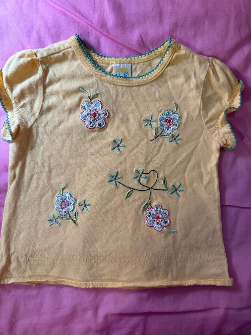 Girls Yellow Floral Embroidered Short Sleeve Tee